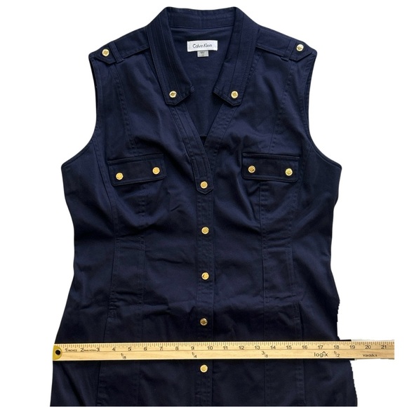 Calvin Klein Shirt Dress Women’s Sz 12 Navy Blue Sleeveless Midi V-Neck Belt - Picture 6 of 12